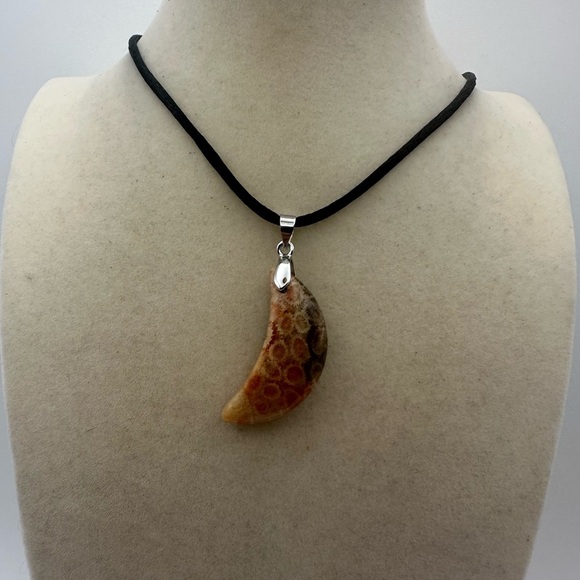 Coral Fossil Agate Crescent Moon Pendant on Satin Rope - Picture 3 of 8